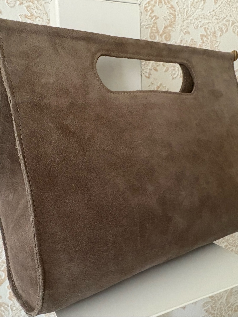 Clare V. Petit Maude Maison Mushroom Taupe Gray Suede Clutch Bag 12” x 9.5” x 5” - Picture 8 of 14